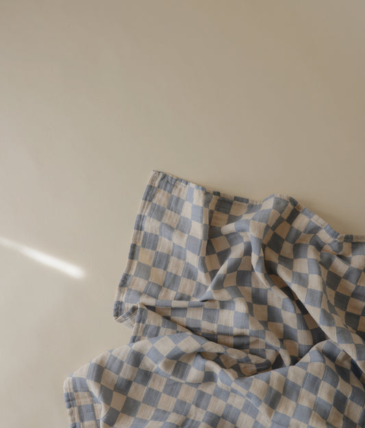 Organic Cotton Muslin Swaddle Blanket - Blue Check