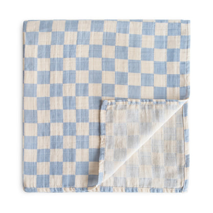 Organic Cotton Muslin Swaddle Blanket - Blue Check